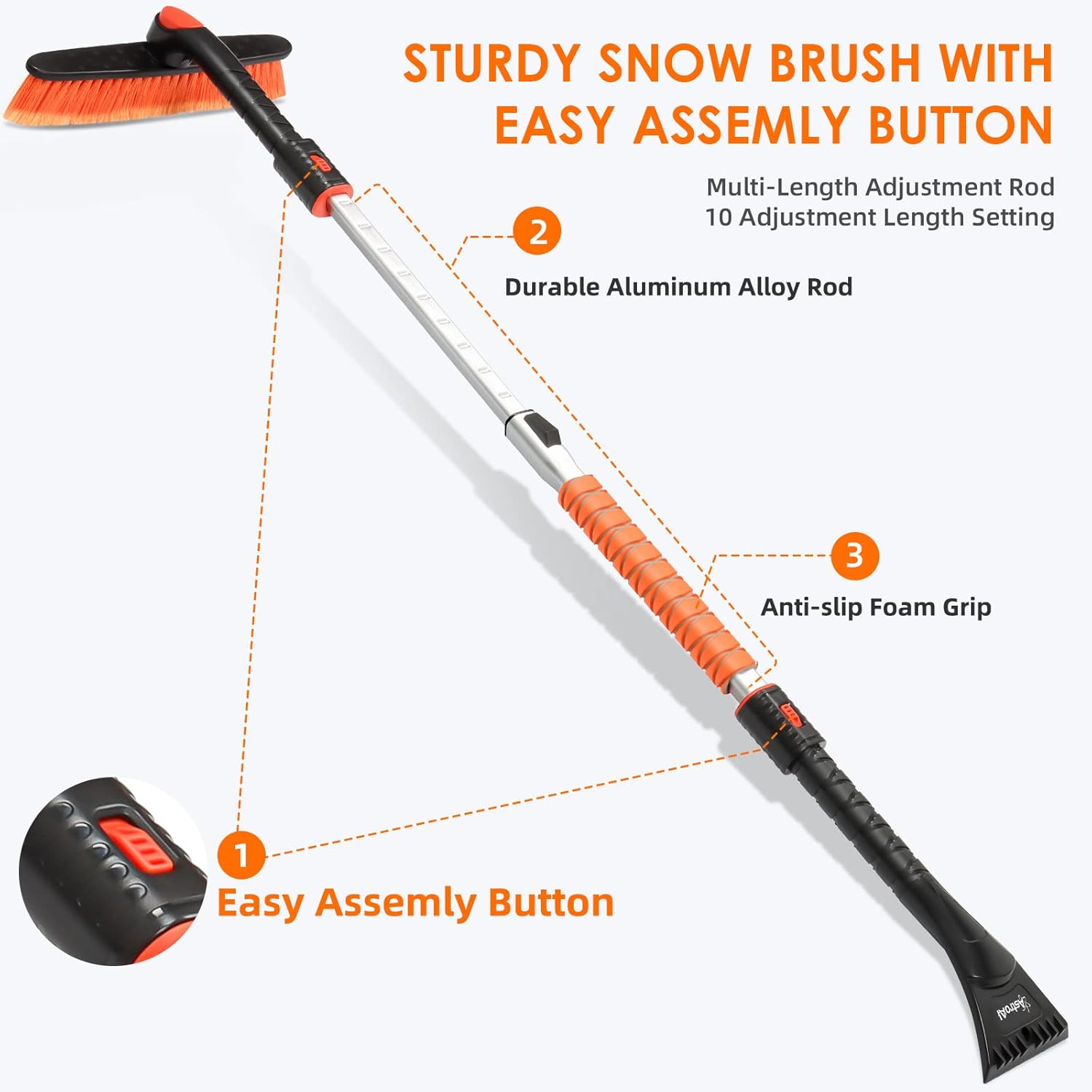 AstroAI Extendable Ice Scraper & Snow Brush – 47.2", Orange