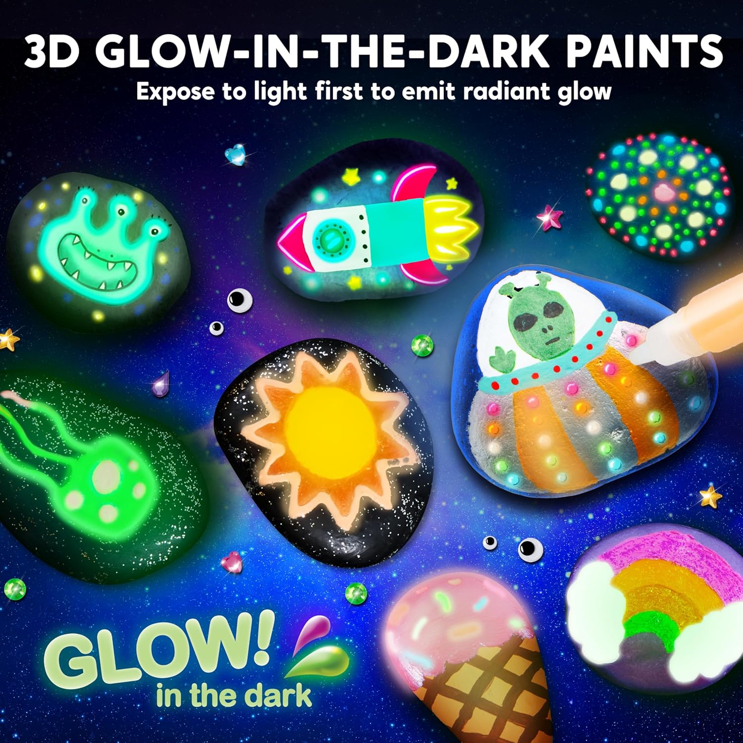 Rock Painting Kit- Glow in The Dark Rock Kit, Arts and Crafts for Kids Ages 6-12